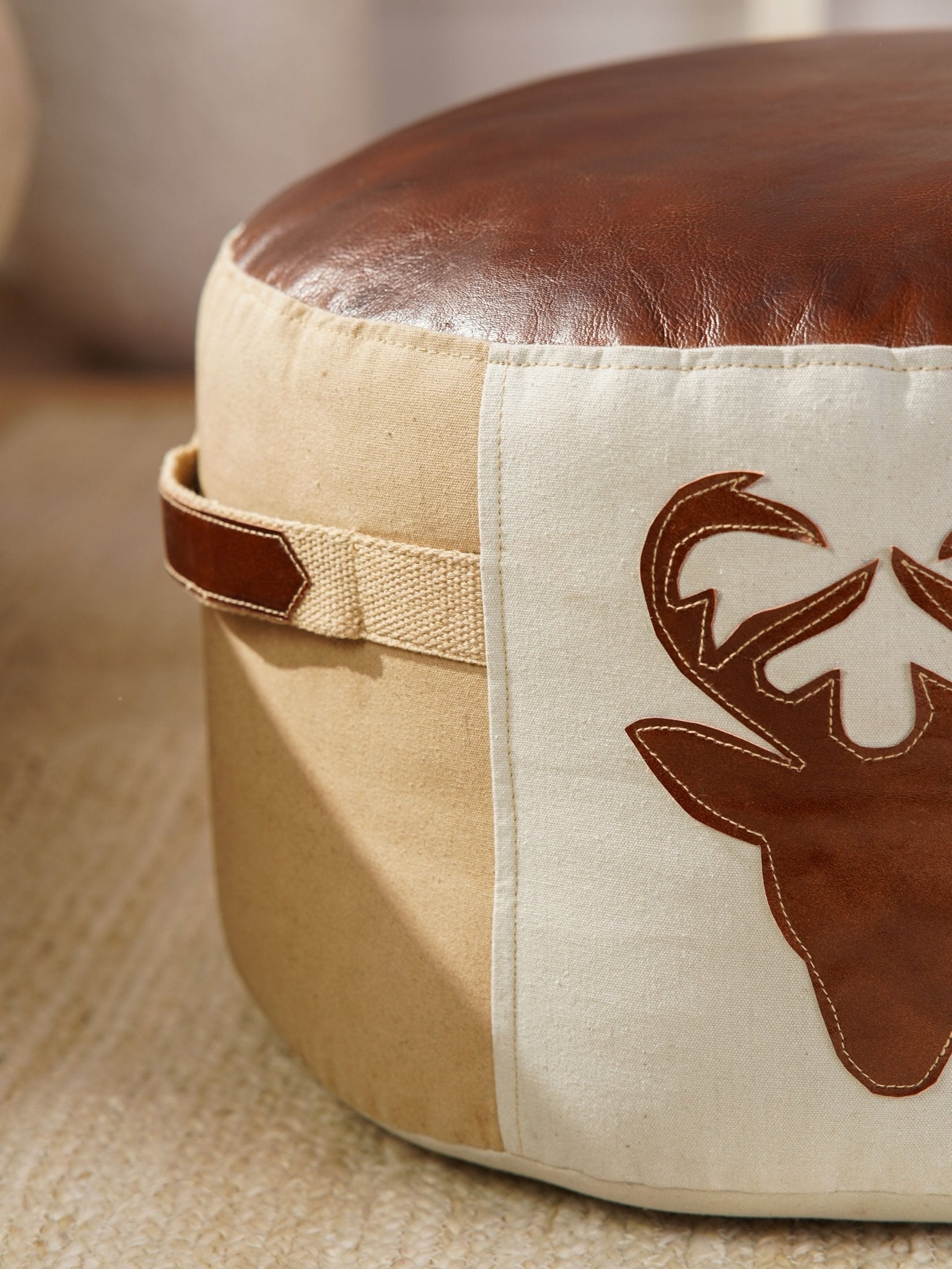 Stag Haven Pouf – Round Canvas & Leather Ottoman | Beige & Brown - BBH HOMES LLC