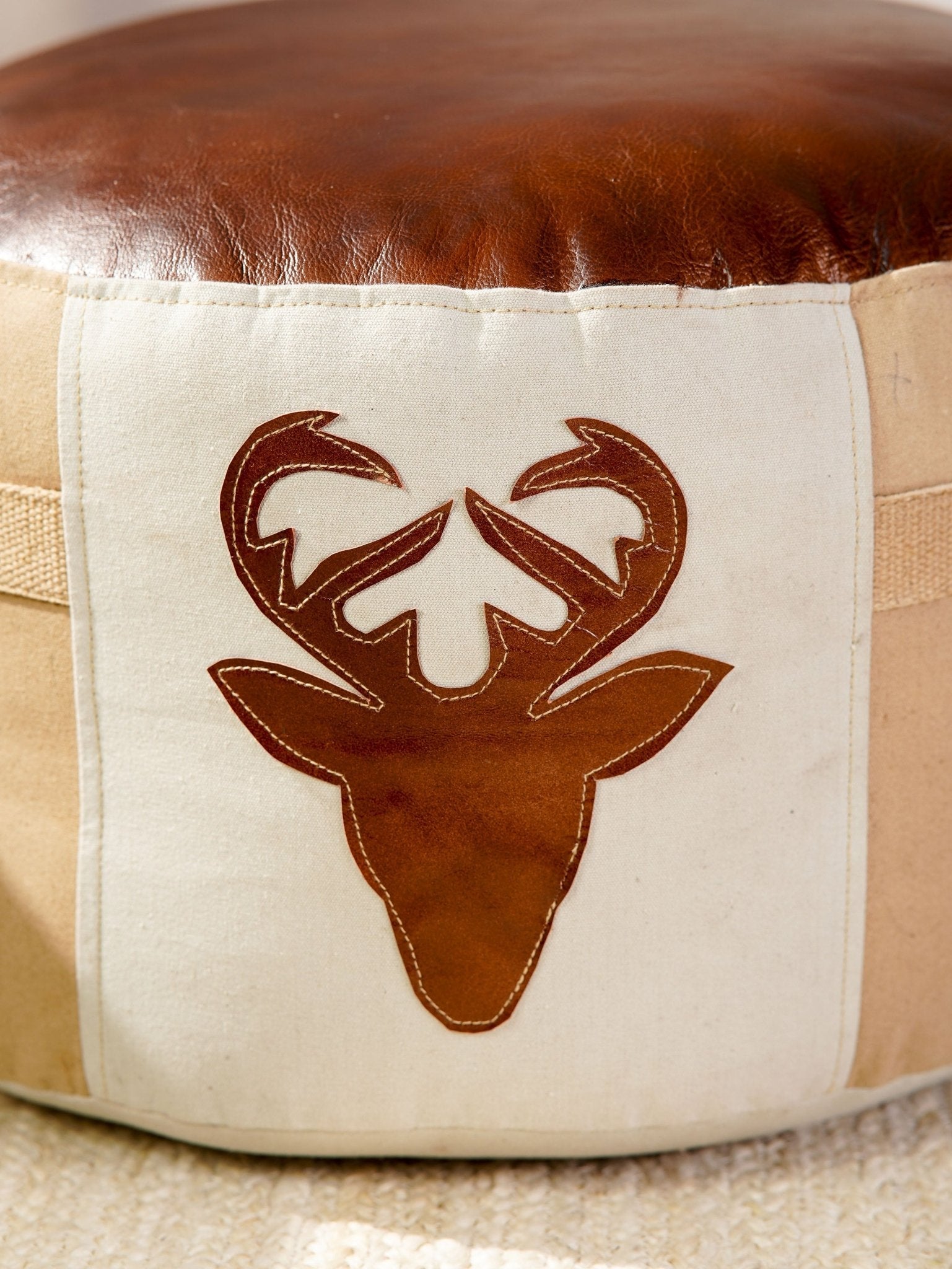 Stag Haven Pouf – Round Canvas & Leather Ottoman | Beige & Brown - BBH HOMES LLC
