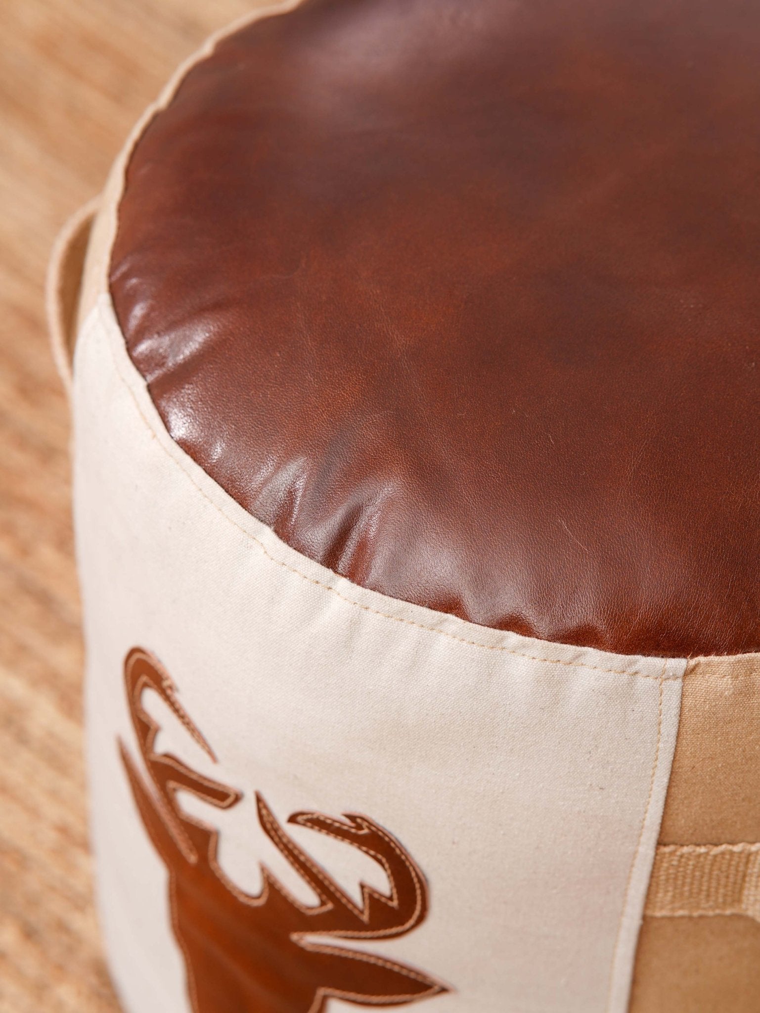 Stag Haven Pouf – Round Canvas & Leather Ottoman | Beige & Brown - BBH HOMES LLC