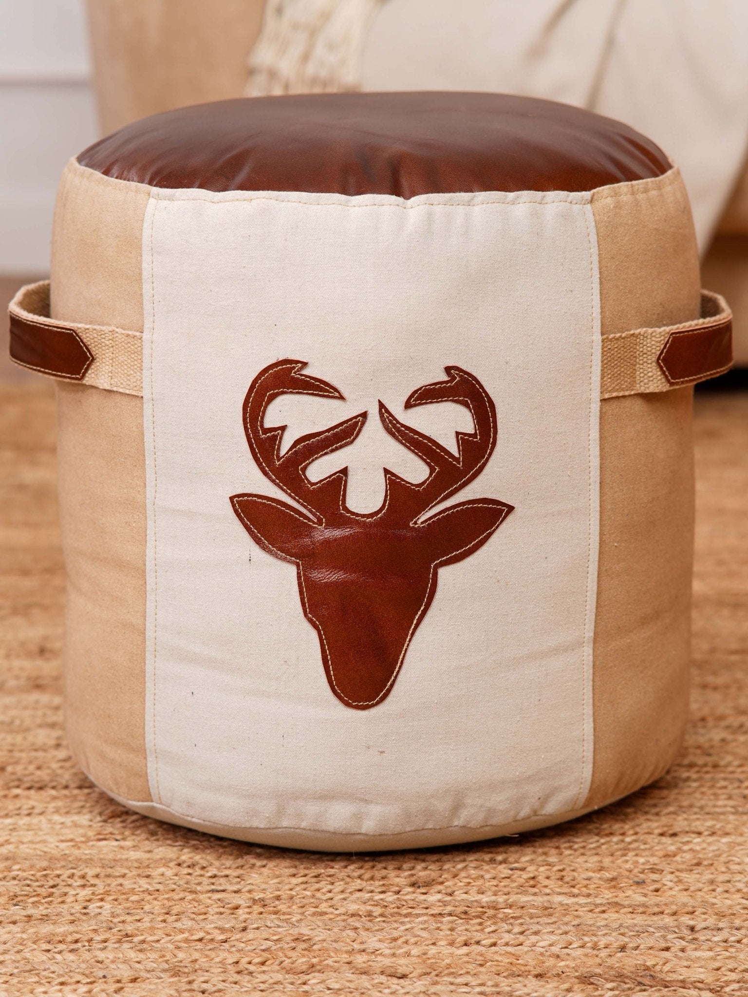Stag Haven Pouf – Round Canvas & Leather Ottoman | Beige & Brown - BBH HOMES LLC
