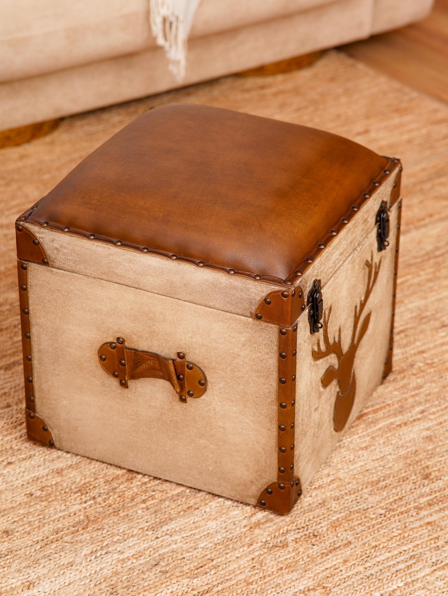 Stag Trunk Ottoman – Rustic Storage Cube in Canvas & Leather with Antler Motif - BBH HOMES LLC