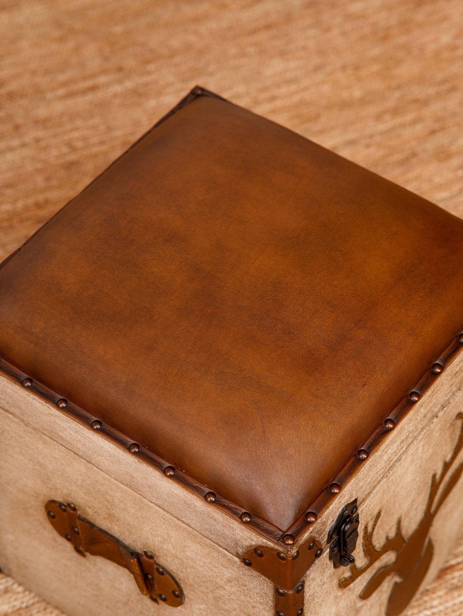 Stag Trunk Ottoman – Rustic Storage Cube in Canvas & Leather with Antler Motif - BBH HOMES LLC