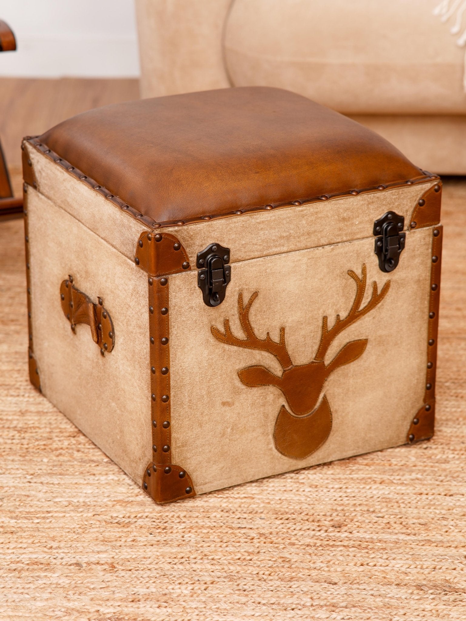 Stag Trunk Ottoman – Rustic Storage Cube in Canvas & Leather with Antler Motif - BBH HOMES LLC