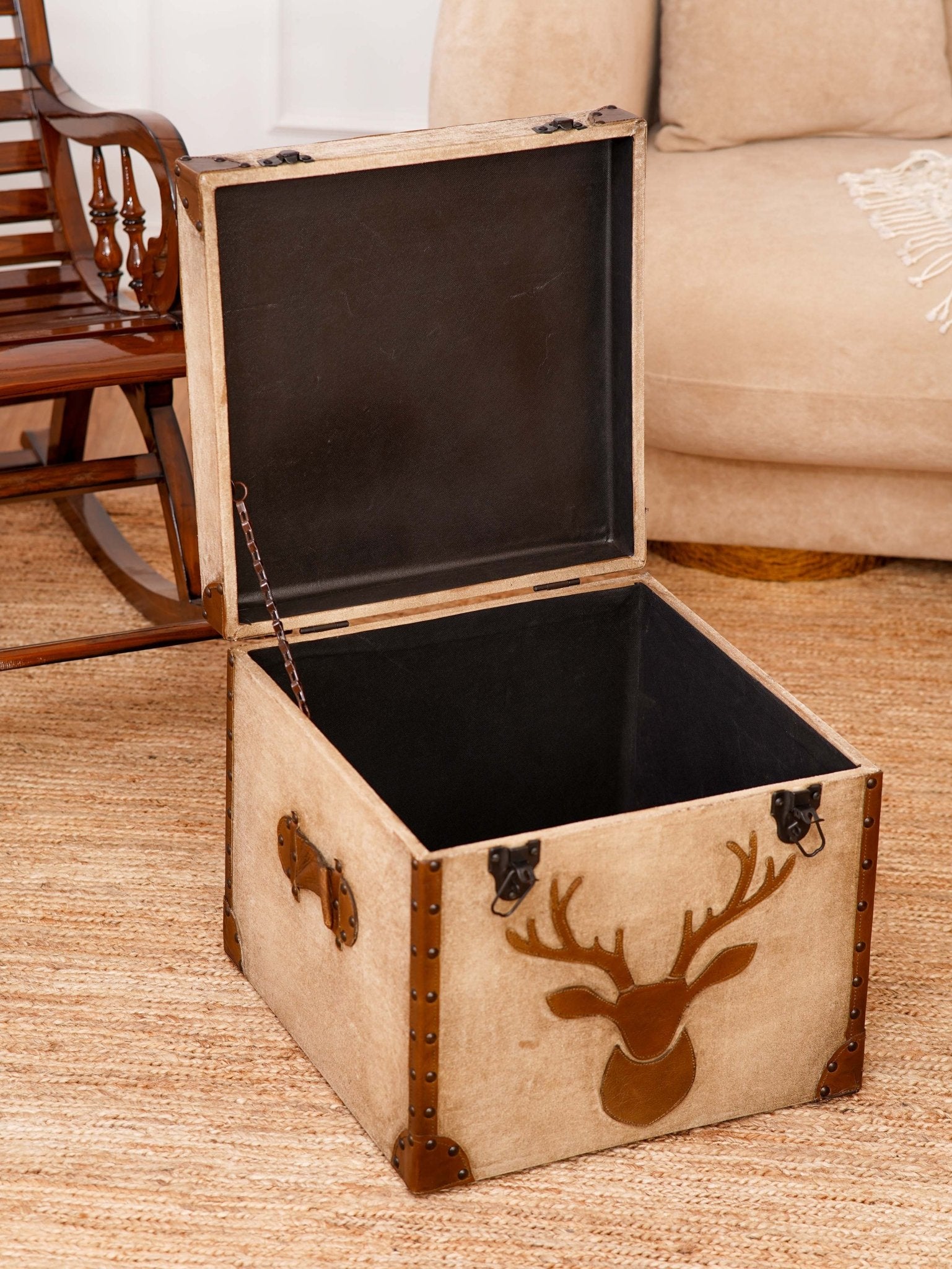 Stag Trunk Ottoman – Rustic Storage Cube in Canvas & Leather with Antler Motif - BBH HOMES LLC