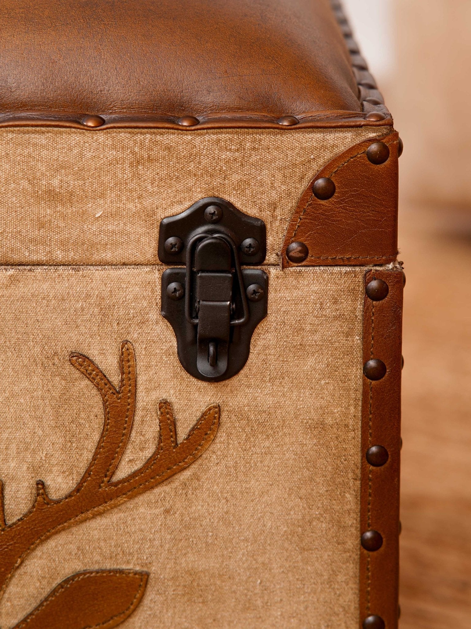 Stag Trunk Ottoman – Rustic Storage Cube in Canvas & Leather with Antler Motif - BBH HOMES LLC