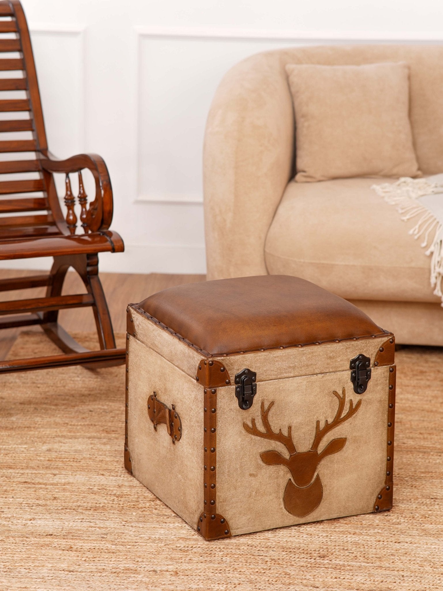 Stag Trunk Ottoman – Rustic Storage Cube in Canvas & Leather with Antler Motif - BBH HOMES LLC