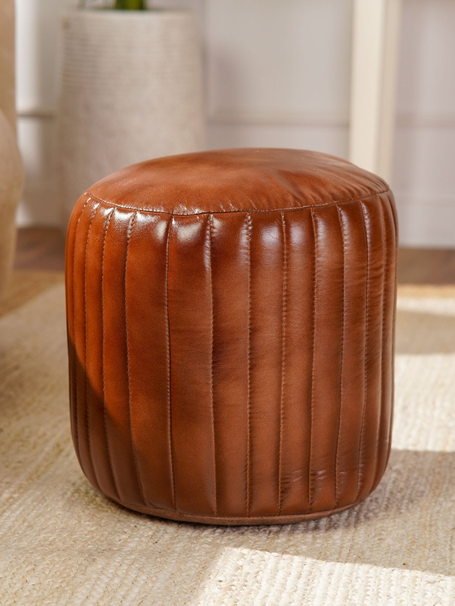 Strata Leather Round Pouf - BBH HOMES LLC