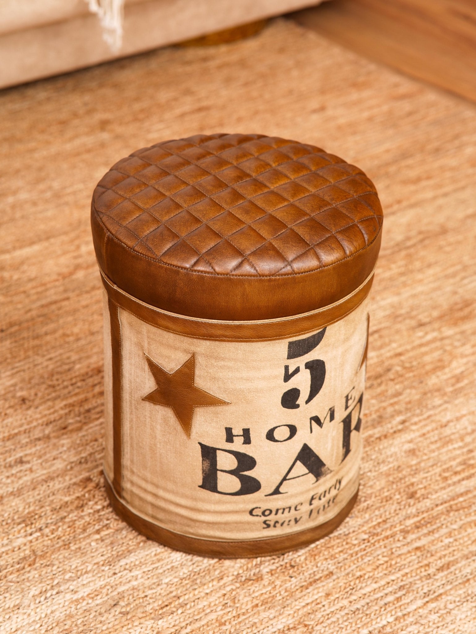 The Home Bar Ottoman – Upcycled Tin Base with Printed Canvas & Quilted Leather Top - BBH HOMES LLC