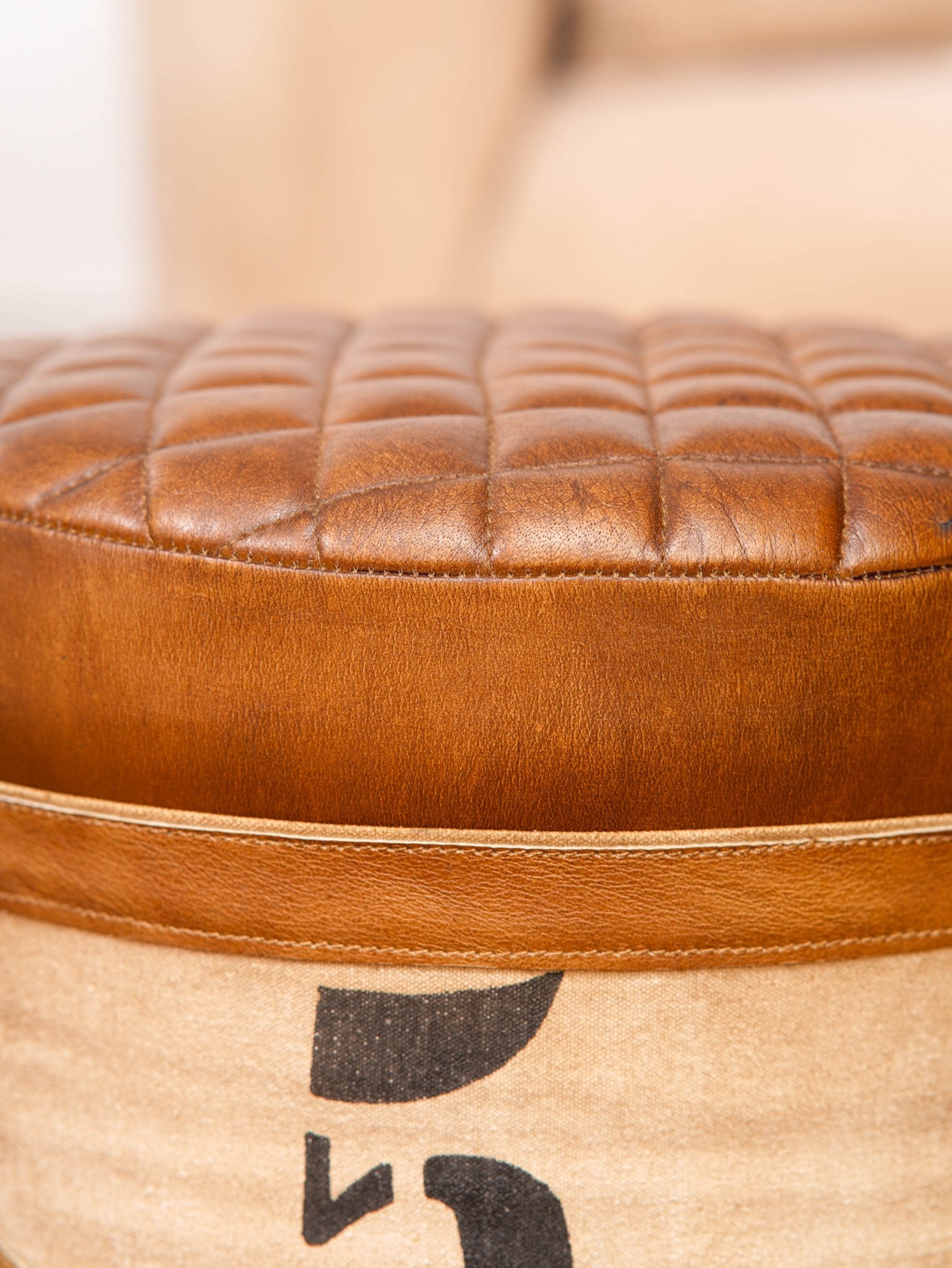 The Home Bar Ottoman – Upcycled Tin Base with Printed Canvas & Quilted Leather Top - BBH HOMES LLC