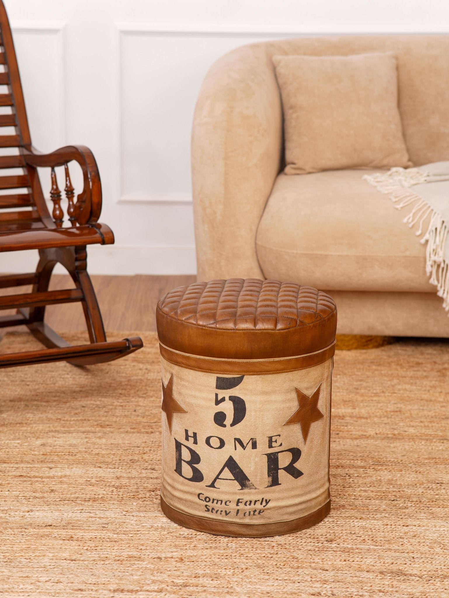The Home Bar Ottoman – Upcycled Tin Base with Printed Canvas & Quilted Leather Top - BBH HOMES LLC