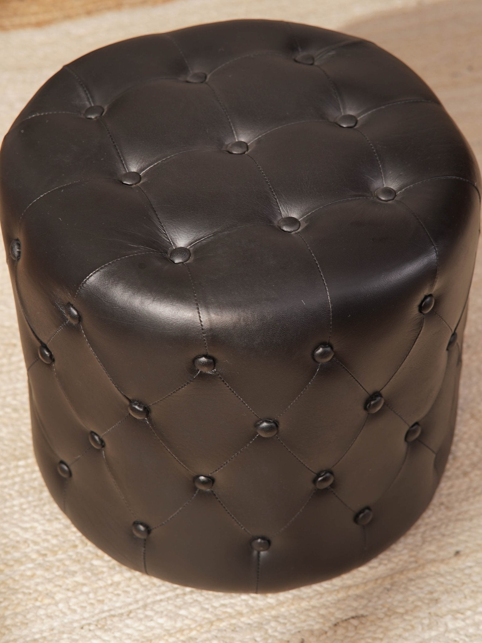 The Regal Repose – Round Tufted Leather Ottoman with Solid Wood Frame - BBH HOMES LLC
