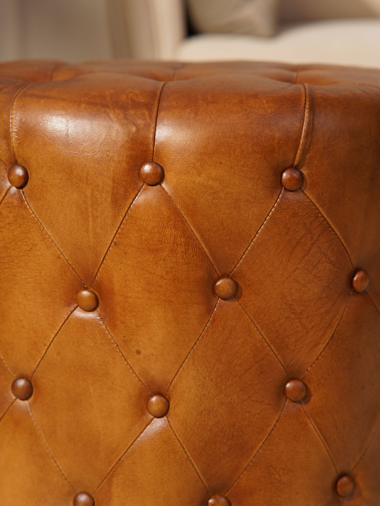 The Regal Repose – Round Tufted Leather Ottoman with Solid Wood Frame - BBH HOMES LLC