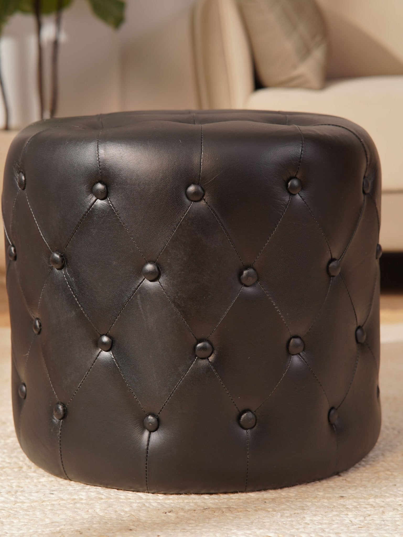 The Regal Repose – Round Tufted Leather Ottoman with Solid Wood Frame - BBH HOMES LLC