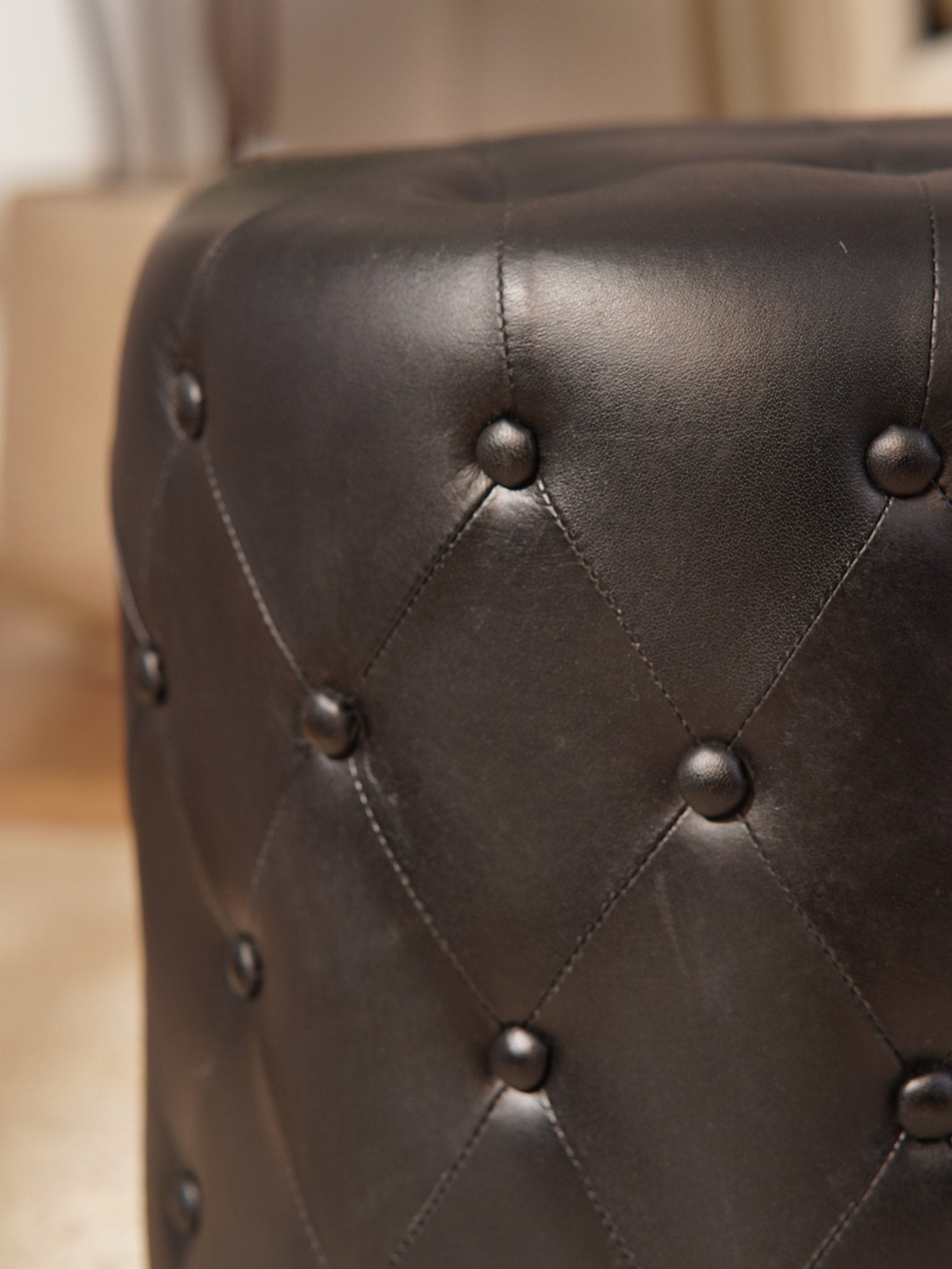 The Regal Repose – Round Tufted Leather Ottoman with Solid Wood Frame - BBH HOMES LLC