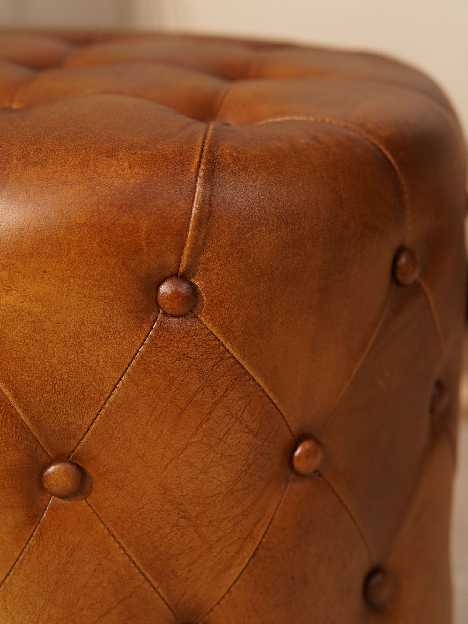 The Regal Repose – Round Tufted Leather Ottoman with Solid Wood Frame - BBH HOMES LLC